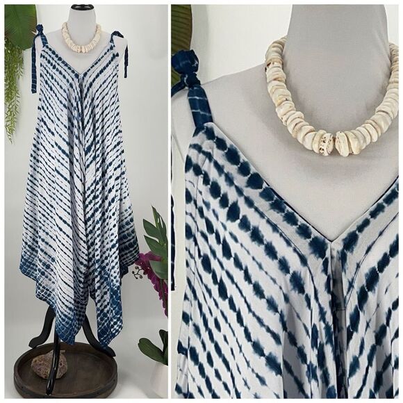 The Pō`alima Romper Blue/White V-Neck V Back Shoulder Tie  Boho Gypsy  Wide Leg - Picture 3 of 15